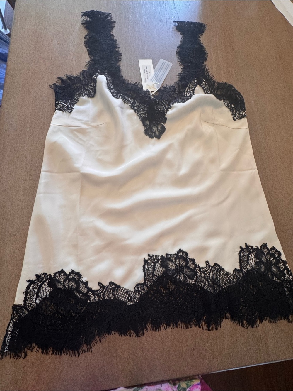 Ivory Satin Camisole with Black Lace Trim